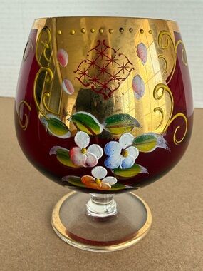 Vintage Bohemian Cranberry Glass Brandy Snifter Hand-Painted Gold Gilt Floral